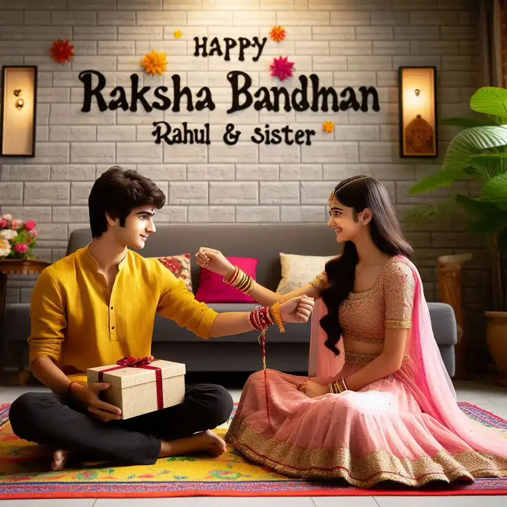 A real 18 year old boy and girl are sitting face to face on a colorful mat in the home lobby, the boy has extended one of his hands forward, on which girl is tying a rakhi with both her hands, boy is wearing a yellow colored kurta And the girl is wearing a pink lehenga, boy has a gift box in his other hand, is smiling, boy has applied tilak on his forehead, and on the wall in bold letters "HAPPY RAKSHA BANDHAN" "RAHUL & SISTER" It is written, 8K Ultra quality images